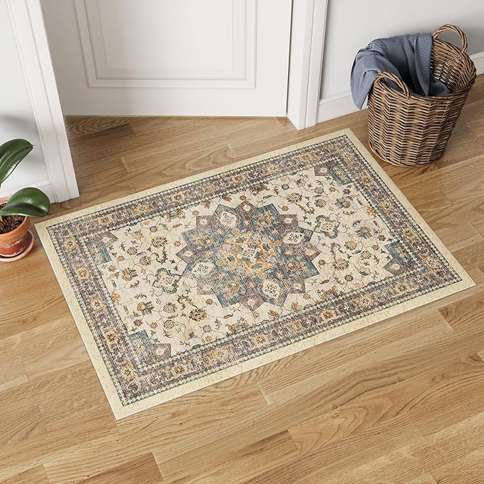 Dripex Vintage Collection Washable Area Rug - 2x3 Door Mat Small Entryway Rug Distressed Non-Slip Low-Pile Floor Carpet for Indoor Front Entrance Kitchen Bathroom Living Room Bedroom