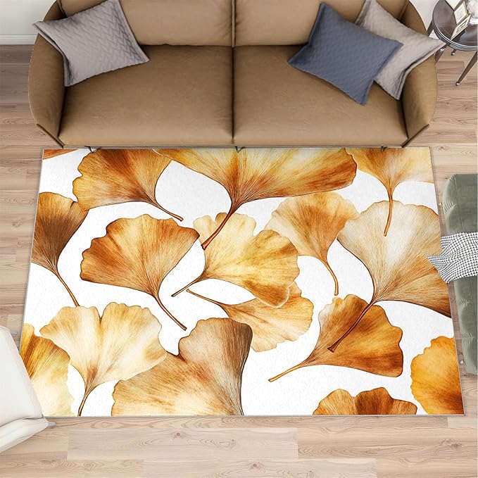 Golden Leaf Rugs for Bedroom - 6x9 Area Rug - 3D Ginkgo Leaf Rugs for Living Room, Modern Simple Art Rug, Non-Slip Washable Home Decor Carpet