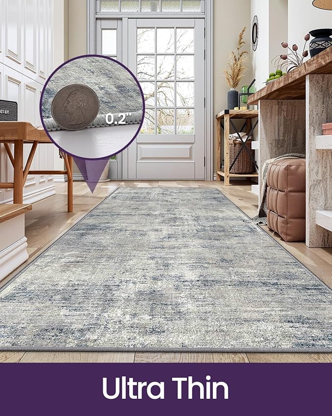 DEXI Hallway Runner Rug 3x12, Modern Abstract Non Slip Thin Soft Runners Carpet, Stain Resistant Washable Indoor Rug for Hallway Entryway Kitchen Laundry Room Living Room, Blue