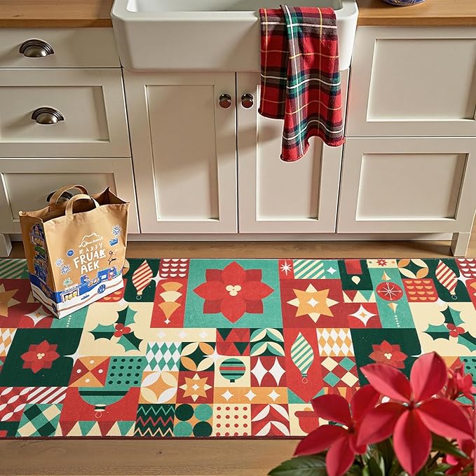 jinchan Christmas Runner Rug 2x6 for Entryway Washable Christmas Kitchen Rug Xmas Geometric Floor Mat for Hallway Non-Slip Soft Carpet Festive Red-Green Holiday Patch Decor for Bathroom Porch Bedside