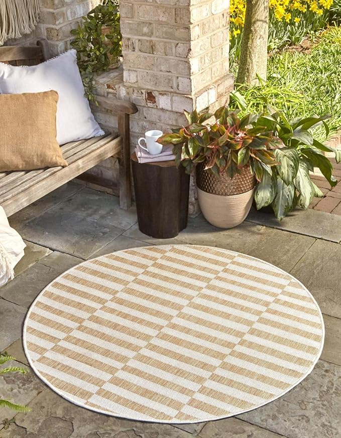 Unique Loom Outdoor Striped Collection Area Rug - Striped (10' Round Taupe/Ivory)