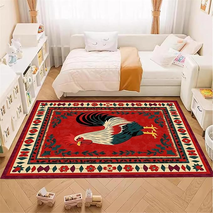 Vintage Rooster Area Rug,5x7ft,Beautiful Floral Border Country Style Rooster Rug，Colorful Retro Home Decoration Rugs，Washable Carpet for Living Room Bedroom Kitchen Farmhouse Office