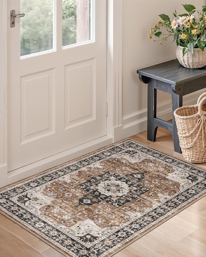 DEXI Area Rugs for Entryway 1'5"x2'6", Washable Low Pile Vintage Traditional Entry Rug Non Slip, Small Indoor Door Mat for Bedroom Kitchen Entrance Hallway, Brown