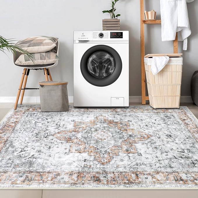 COMSLE 4x6 Rugs for Living Room Washable Area Rugs for Bedroom Faux Wool Distressed Throw Rugs Absorbent Non-Slip Floor Carpet for Indoor Kitchen Laundry Room Orange