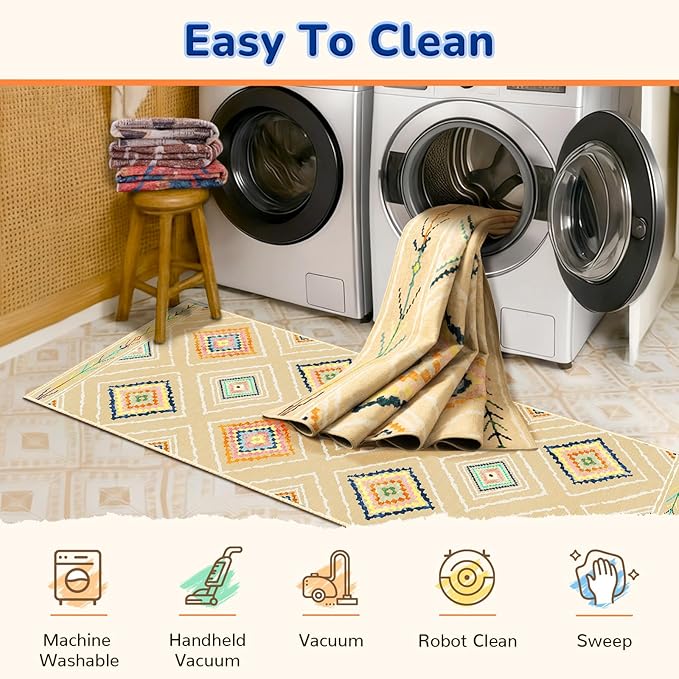 Area Rug 8x10 Rug Machine Washable Non-Slip Low Pile Print Pattern Western Rug for Living Room Bedroom Entryway Tribal Series -Cream/Beige
