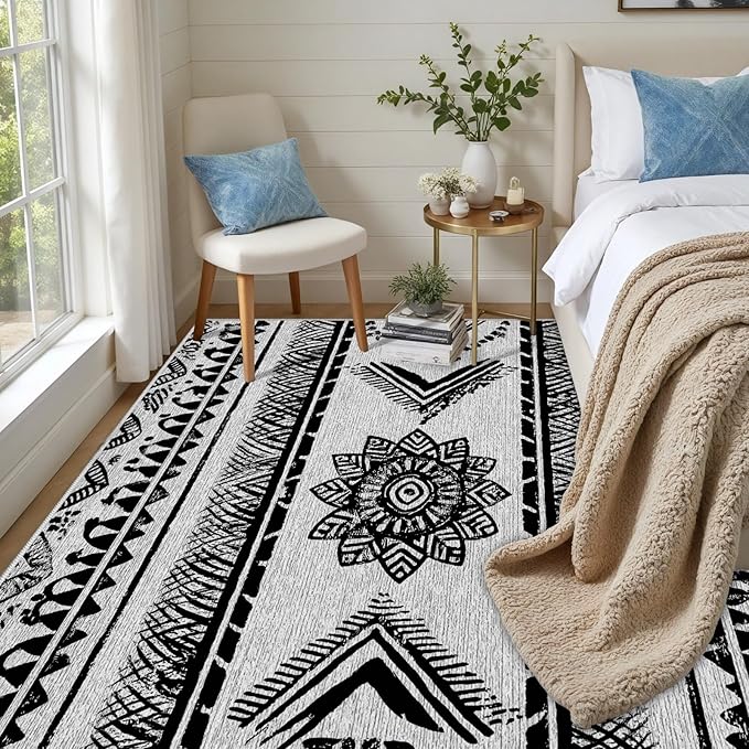 Area Rugs Moroccan for Living Room 5x6, Washable Non-Slip Boho Rug, Neutral Farmhouse Soft Carpet for Bedroom, Kitchen, Dining Room, Entryway, Geometric Print Tribal Carpets, Black and White