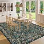 DUKINO 8x10 Area Rugs for Living Room, Vintage Floral Washable Rug with Non Slip Backing, Soft Low Pile & Non-Shedding Large Carpets for Bedroom, Farmhouse, Dining Room, Home Office, Blue