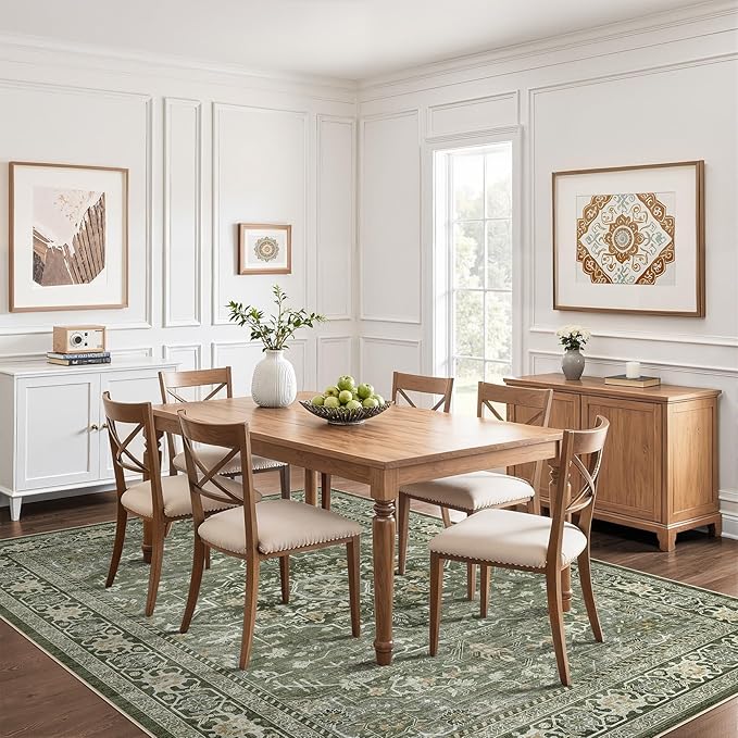 10x12 Area Rug Living Room: Washable Boho Large Neutral Vintage Soft Rugs Stain Resistant Farmhouse Non Slip Indoor Floor Carpet for Bedroom Nursery Kids Playroom Office Dining Room Home- Dark Green