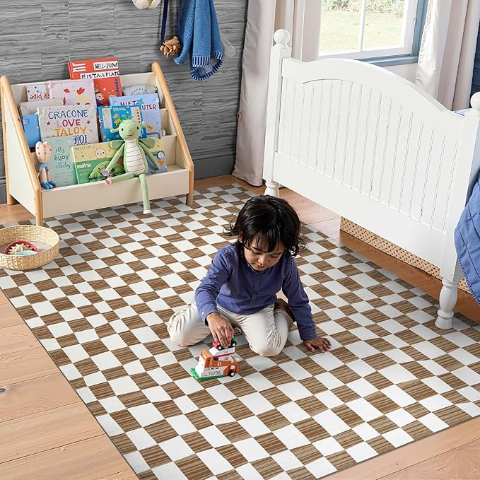 jinchan 4x6 Brown Checkered Area Rugs for Kids Room - Machine Washable Rug Modern Neutral Geometric Lattice Soft Non-Slip Carpet for Nursery Playroom Bedroom Entryway Living Room Home Office