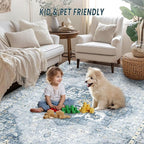 6x9 Area Rugs Washable Rugs for Living Room, Vintage Boho Rug Non-Slip Soft Floral Distressed Rug Low Pile Stain Resistant Carpet for Bedroom Nursery Office Dining Room Farmhouse Dorm(Blue, 6'x9')