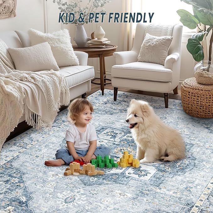8x10 Area Rugs Washable Rugs for Living Room, Large Vintage Boho Rug Non-Slip Soft Floral Distressed Rug Low Pile Stain Resistant Carpet for Bedroom Nursery Office Dining Room Farmhouse(Blue, 8'x10')