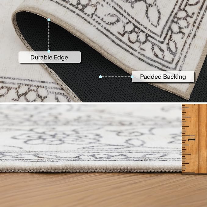 ReaLife Rugs Machine Washable Area Rug Runner - Living Room Bedroom Bathroom Kitchen Entryway Office - Padded Low Pile Stain Resistant Premium - Boho Farmhouse Vintage - Paige - Ivory 2'6" x 6'