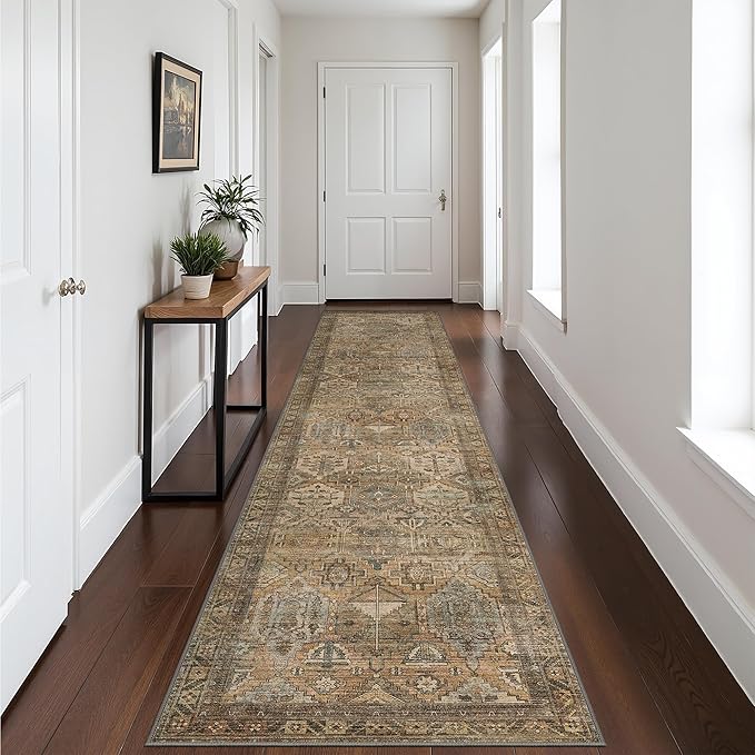 Bavni Runner Rug 3x8 Kitchen Rugs for Hallways Entryway, Washable Vintage Print Carpet, Ultra-Thin Chenille Low Pile Lightweight Rug with Non Slip Backing, Warm Taupe