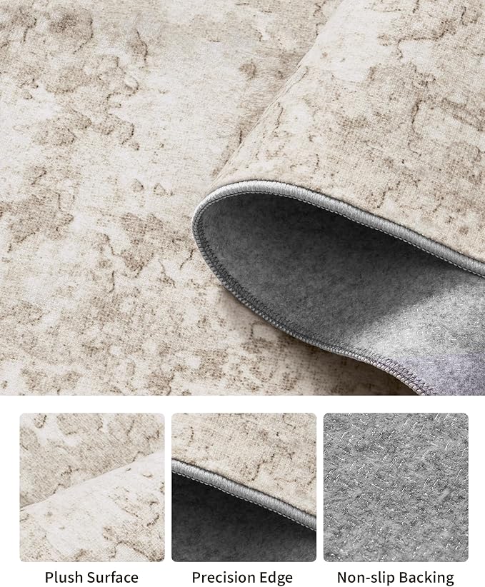Art&Tuft Washable Rugs 5x7, Abstract Area Rugs for Living Room - Non Slip and Low Pile Soft Thin 5x7 Rug for Bedroom, Dining Room, Kitchen, Office, Beige