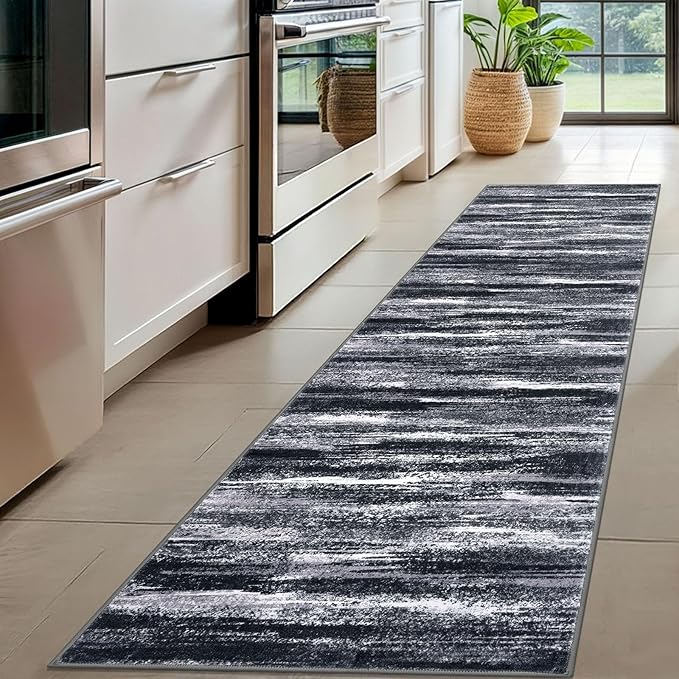 Modern Abstract Hallway Runner Rug, Black Grey Washable Entryway Runner Non-Slip Soft 2x8 Runner Rug Thin Print Faux Wool Carpet for Kitchen Bedroom Laundry Room Indoor Home Decor