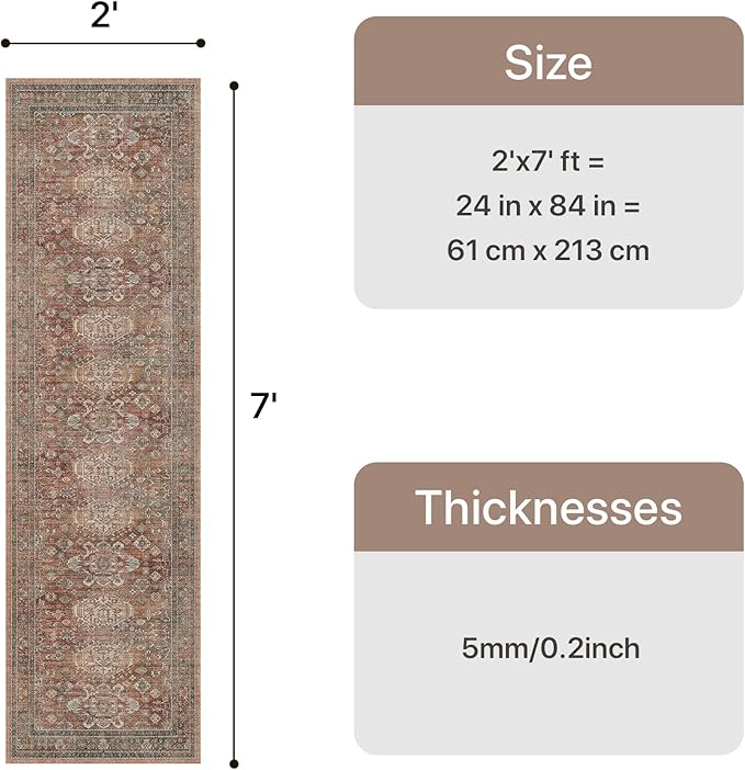 Bavni Washable Runner Rug 2x7, Non Slip Long Hallway Rug, Vintage Print Low Pile Ultra Thin Washable Carpet for Kitchen Bedroom, Brick