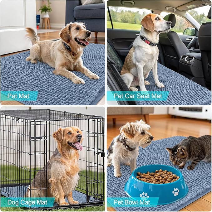 OLANLY Dog Door Mat for Muddy Paws 35x24, Absorbs Moisture and Dirt, Absorbent Non-Slip Washable Doormat, Quick Dry Chenille Mud Mat for Dogs, Entry Indoor Entryway Carpet for Inside Floor, Airy Blue