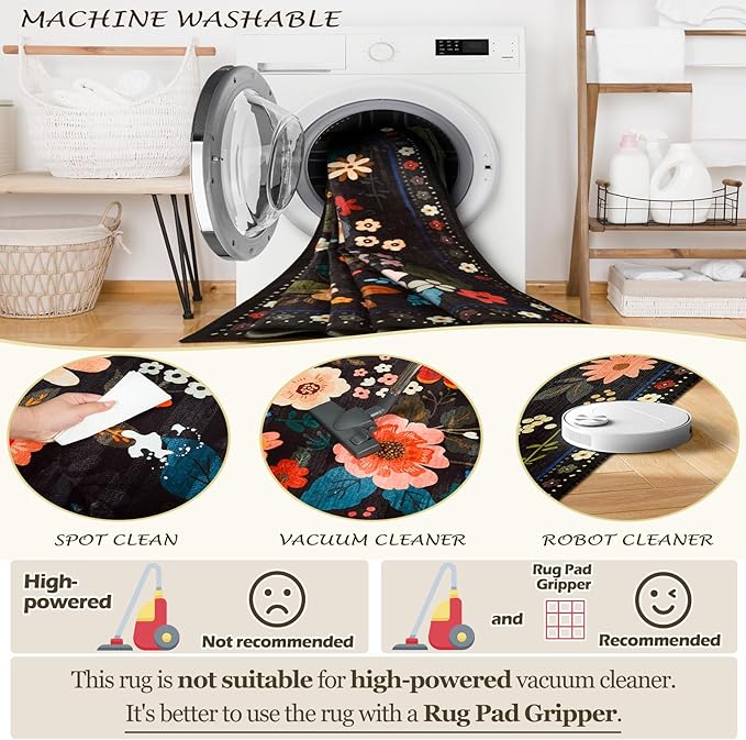 Floral 4ft Area Rug Machine Washable Soft Print Boho Carpet Non Slip Doormat Low Pile Flower Area Rugs for Living Room Bedroom Nursery Kitchen Dining Room Indoor-Black