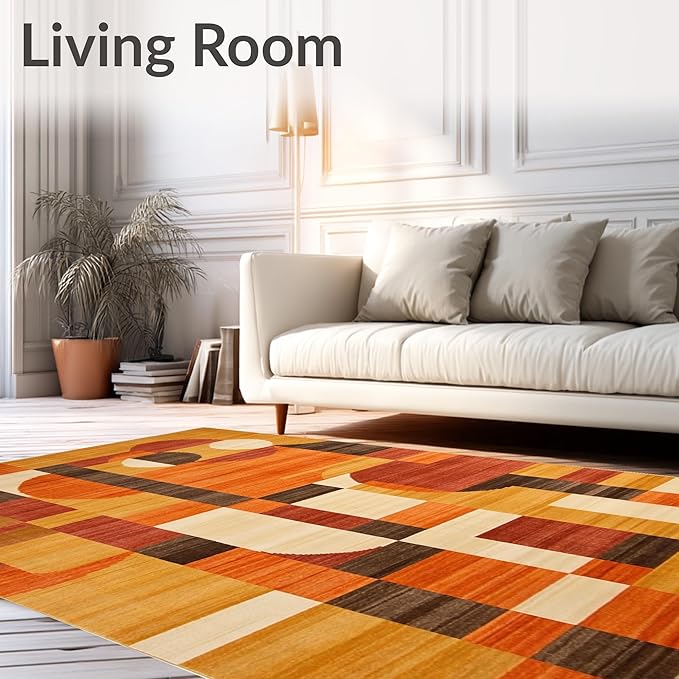 Flatwoven High Traffic Area Rug 4x6, Orange Rust Copper Abstract Geometric Shape, Non Slip, Stain Resistant, Washable Area Rugs for Living Room, Bedroom (Orange, 4x6)