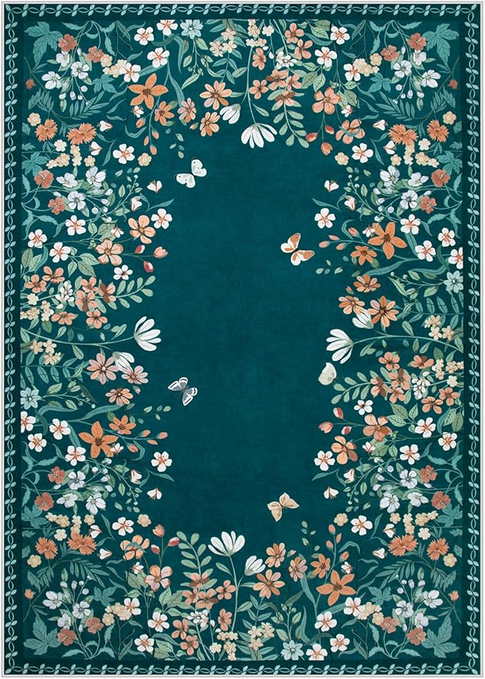 Wonnitar Washable 5x7 Floral Rugs for Living Room, Non-Slip Soft Bedroom Rug, Vintage Low Pile Dining Room Teal Green Area Rug Floor Carpet for Mud Room (Teal Green,5'x7')