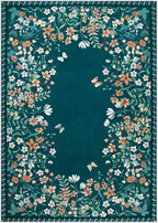 Wonnitar Washable 5x7 Floral Rugs for Living Room, Non-Slip Soft Bedroom Rug, Vintage Low Pile Dining Room Teal Green Area Rug Floor Carpet for Mud Room (Teal Green,5'x7')