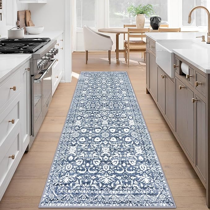 Vintage Runner Rug 3x8, Light Blue White Washable Kitchen Runner Non-Slip Soft Hallway Rug Runner Thin Print Faux Wool Carpet for Entryway Bedroom Laundry Room Indoor Home Office Decor