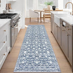Vintage Runner Rug 3x8, Light Blue White Washable Kitchen Runner Non-Slip Soft Hallway Rug Runner Thin Print Faux Wool Carpet for Entryway Bedroom Laundry Room Indoor Home Office Decor