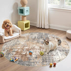 5ft Round Area Rug Living Room Rugs - 5x5 Washable Large Soft Indoor Neutral Modern Abstract Low Pile Rug Carpet for Bedroom Dining Room Farmhouse Home Office - Grey Brown