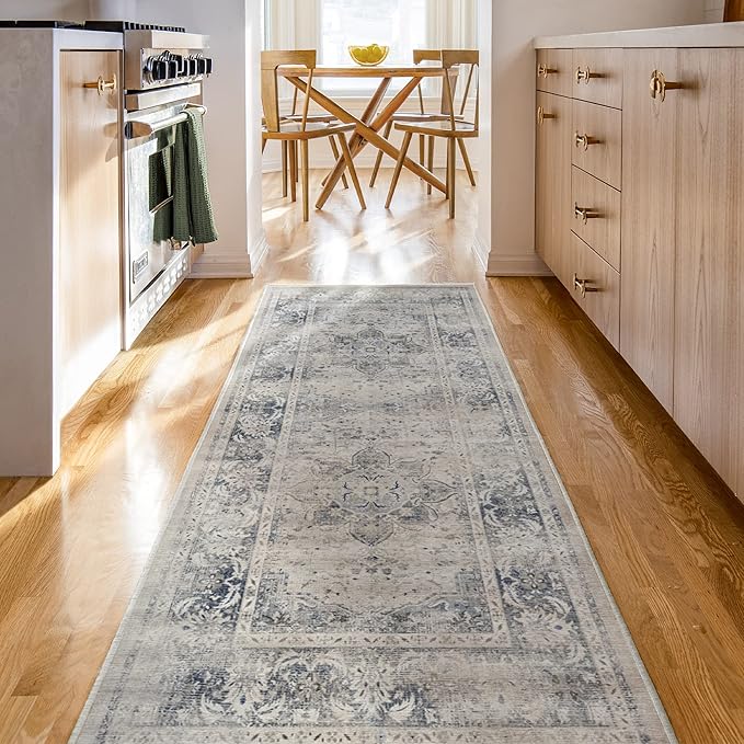 RUGGABLE Washable Vintage Area Rug – Sarrah Blue Quartz 10x14, Stain-Resistant, Non-Slip – Large Machine Washable Rugs for Living Room, Bedroom, Hallway, Entryway & Office–with Standard Pad