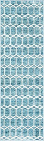 Rugs.com Lattice Trellis Collection Rug – 10 Ft Runner Blue Low-Pile Rug Perfect for Hallways, Entryways