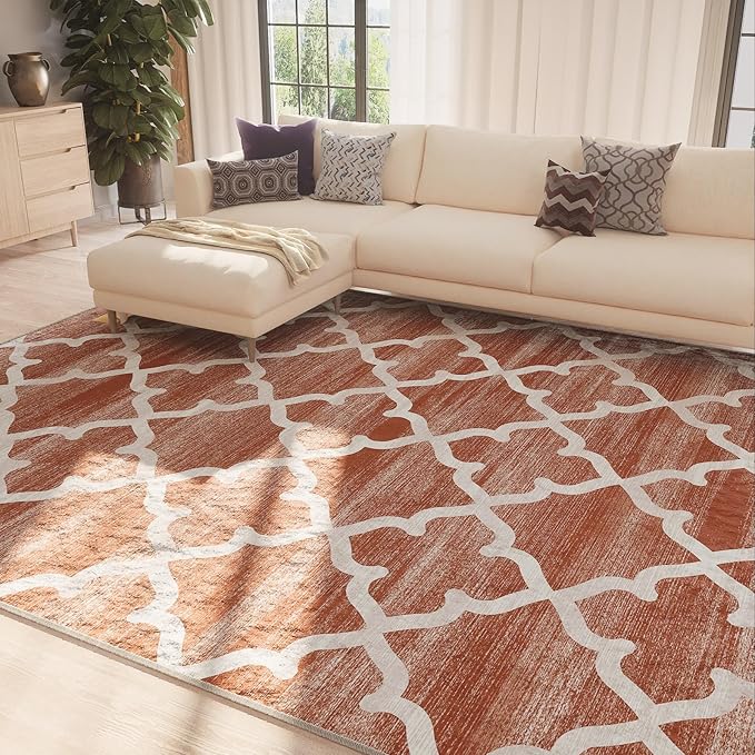 Area Rug 6x9, Moroccan Trellis Print Carpet, Machine Washable Non-Slip Rugs for Living Room, Bedroom, Dining Room & Entryway, Red