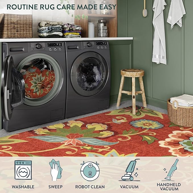 Lahome Red Floral Round Rug - 4 ft Christmas Washable Round Area Rugs Small Non Slip Entryway Mat, Throw Circle Vintage Distressed Door Mat Soft Floor Carpet for Bedroom Living Room Bathroom Kitchen