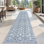 Runner Rug 2.6x18, Light Blue White Washable Long Hallway Rug Runner Non-Slip Soft Kitchen Runner Thin Printed Faux Wool Super Soft Carpet for Entryway Bedroom Laundry Room Indoor Home Decor