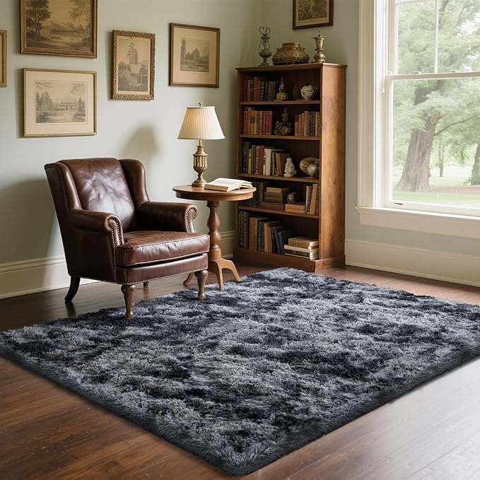 4x6 Area Rugs for Living Room Bedroom, Soft Fluffy Shaggy Bedside Rug, Indoor Floor Carpet for Kids Playroom, Dorms, Nursery Rooms, Home Decor (Tie-Dyed Dark Grey 4'x6')