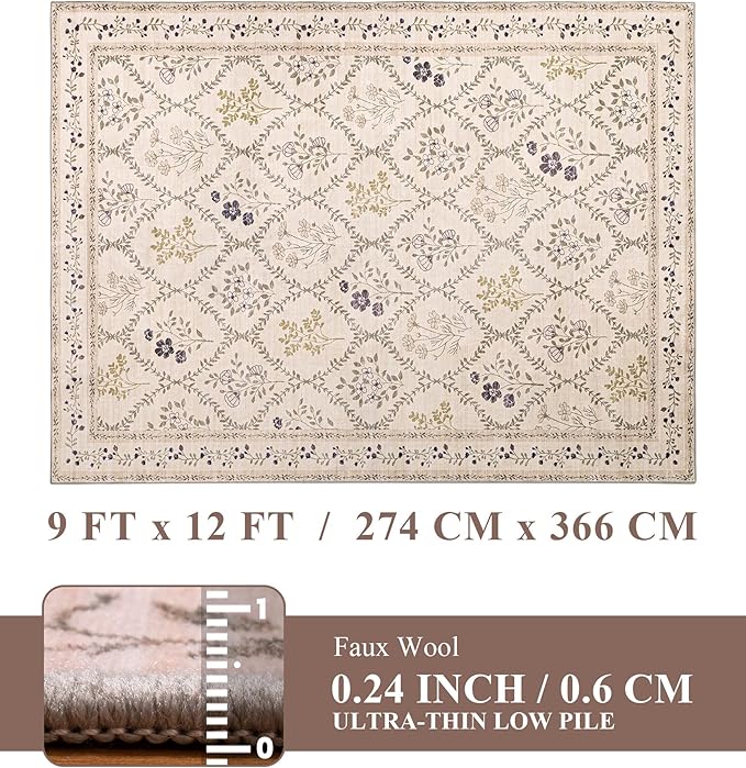 YIHOUSE Beige Floral Print Rugs, Moroccan Trellis 9x12 Washable Large Rug, Modern Pastel Non Slip Ultra-Thin Area Rug for Classroom, Nursery Playroom,Dorm,Bedroom,Living Room, Beige Multi