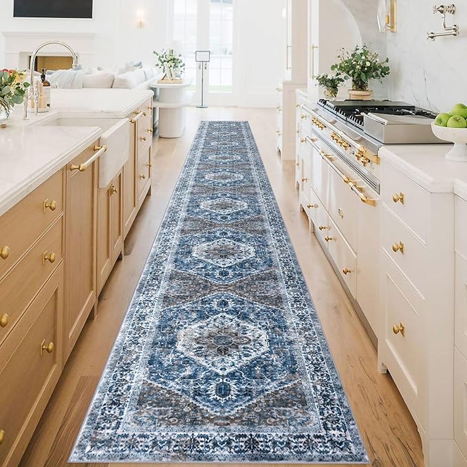 KOZYFLY Runners for Hallways 2.6x20 Ft Extra Long Washable Kitchen Thin Runner Rug Boho Runner Rug for Entryway Indoor Blue Printed Oriental Faux Wool Stair Floor Carpet Runner for Stair Kitchen Hall