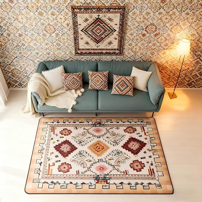 Bohemian Large Area Rug 5x7 Boho Decor Western Living Room Rug | Southwestern Native Aztec Rugs for Bedroom, Ethnic Tribal Geometric Carpet Indoor Floor Mat