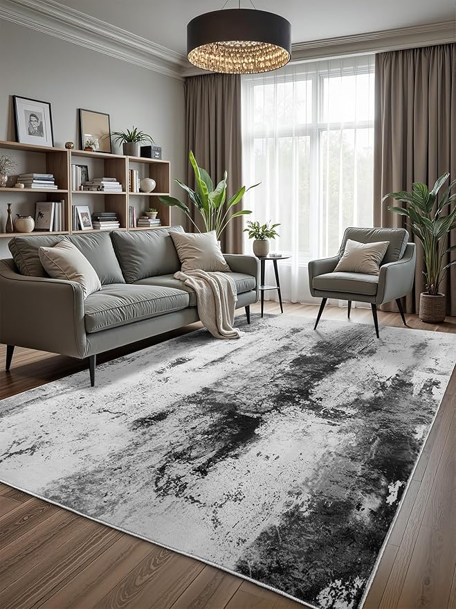 Washable Abstract Rug, 3x5 Modern Area Rugs with Non-Slip Rubber Backed for Bedroom, Thin but Soft Contemporary Carpet Kitchen Living Room Decor, Black Grey
