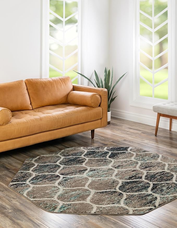 Rugs.com Lattice Frieze Collection Rug – 4 Ft Octagon Blue Multi Medium-Pile Rug Perfect for Living Rooms, Kitchens, Entryways