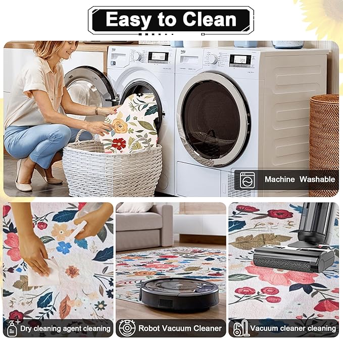 Floral Rug 4x6 Washable Low Pile Living Room Vintage Rug Soft Print Non-Slip Bedroom Carpet for Office Dining Room Home Decor（Pink）
