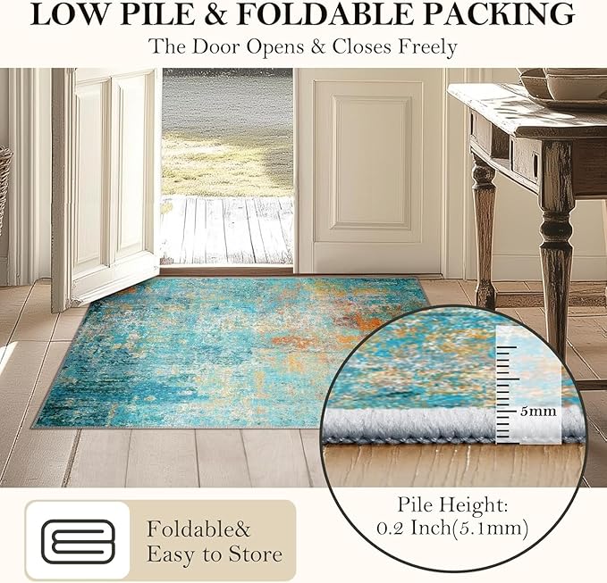 Washable Area Rugs 4ft Non-Slip Modern Abstract Soft for Living Room Entryway Bedroom Nursery, Print Pattern, Teal Blue Green Orange Rust Red Coloreful
