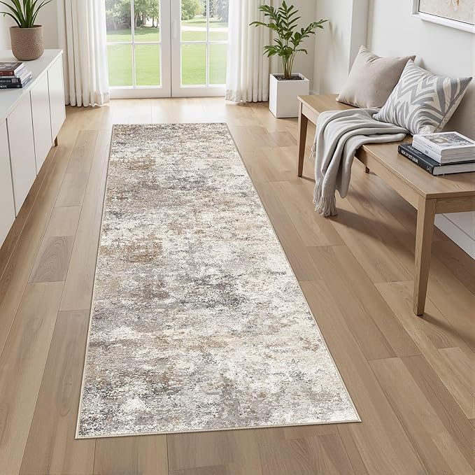 3X8 Washable Runner Rug for Hallway: Soft Neutral Modern Abstract Area Rug - Non-Slip Low Pile Long Throw Indoor Carpet for Kitchen Entryway Kitchen Bedroom Laundry Bathroom - Brown Grey