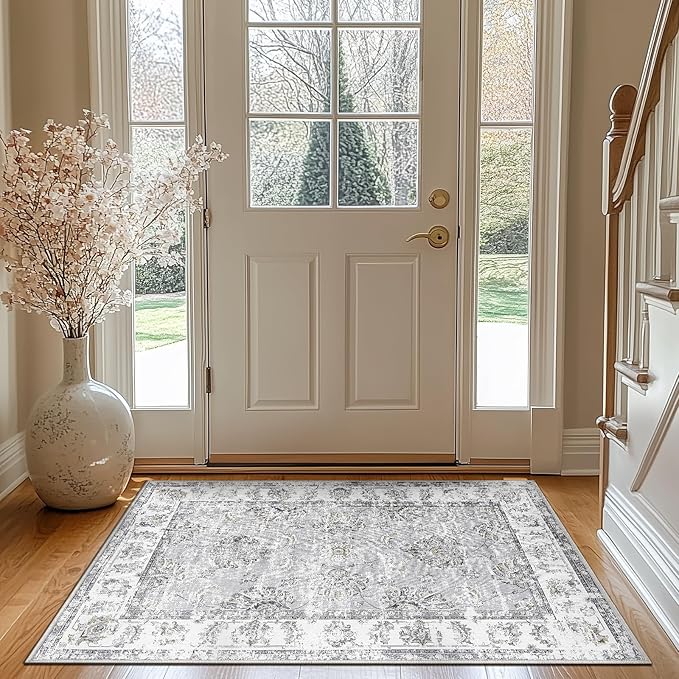 jinchan Fiora Floral 3x5 Area Rugs for Entryway - Machine Washable Taupe Vintage Distressed Design Doormat Non-Slip Ultra-Thin Low Pile Boho Rug for Kitchen Living Room Bedroom Farmhouse (3‘x5', Grey)
