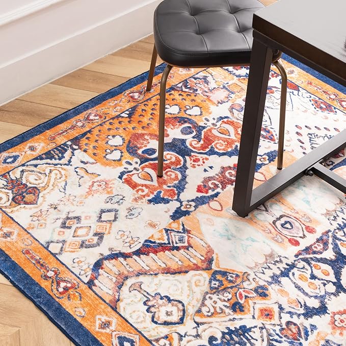 Phantoscope Washable Area Rug 4'x6' Non-Slip, Vintage Boho Rugs for Living Room, Bedroom, Dining Room, Distressed Persian Market Pattern, Low-Pile Foldable Floor Carpet, Navy/Orange