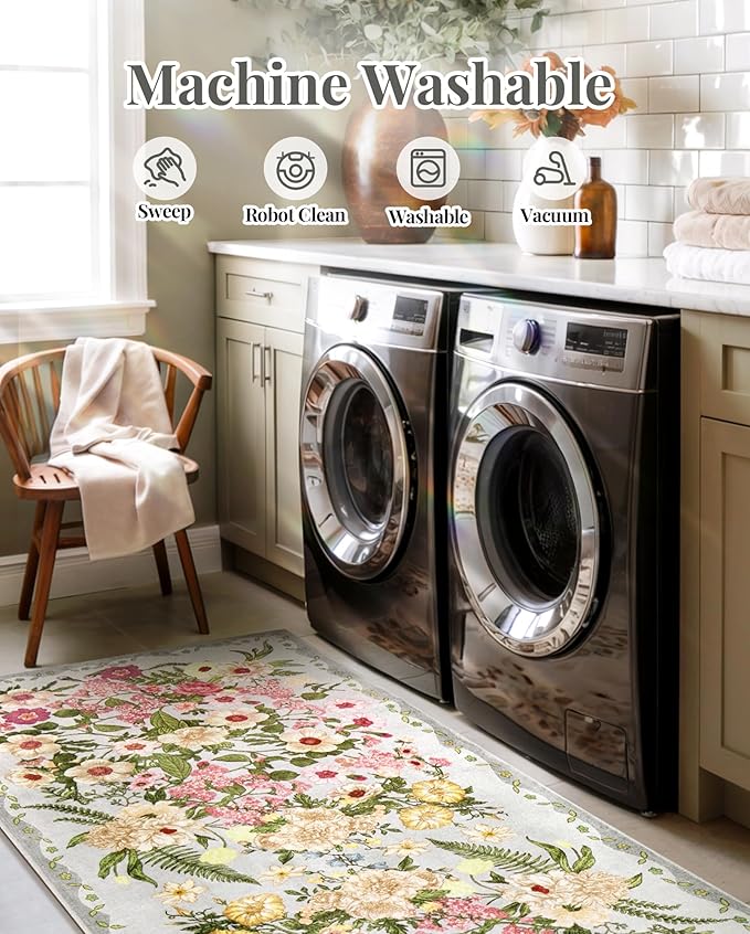 Floral Washable 5x7 Area Rugs - Living Room Rug Non Slip Low Pile Stain Resistant Carpets Indoor Vintage Flower Print Rug for Bedroom Dining Room Kitchen Home Office, Grey