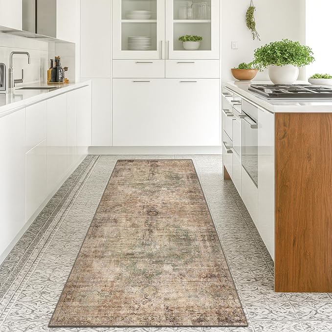 Farmhouse Washable Hallway Runner Rug, 2x6 Green and Brown Rugs for Kitchen Floor Waterproof, Bathroom, Entrance Indoor, Bedroom, Non Skid & Stain Resistant Carpet