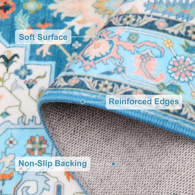 WILLSUN Washable Area Rugs, 4x6 Non-Slip Boho Large Area Rugs for Living Room, Bedroom, Machine Washable Vintage Rug, Indoor Floral Print Carpet for Home Decor, Kid & Pet Friendly Mat