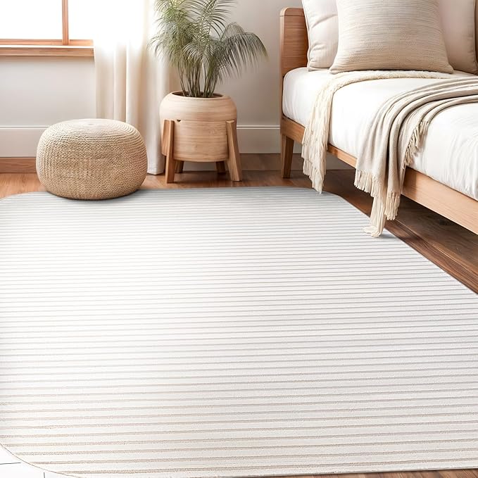 Beverly Rug Modern Geometric Area Rug 5x7 Low-High Pile Durable Soft Abstract Striped Indoor Rugs for Living Dining Room Office Stain Resistant Non Shedding Casual Indoor Carpet Beige White 5 x 7