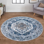 KOZYFLY Round Rug 5 Ft Rugs for Entryway Washable Circle Entrance Rug Non Slip Round Doormat Indoor Printed Faux Wool Round Front Door Mat Floor Carpet for Backdoor, Entryway, Bedroom, Blue