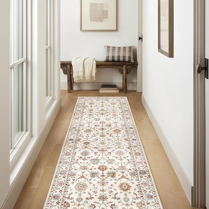 Kitchen Runner Rugs Non Skid Washable - 2.5x8ft Long Cream Colorful Boho Farmhouse Hallway Runner Rug Low Pile Vintage Floral Bohemian Carpet for Hallway Laundry Room Entryway Bedroom Foyer
